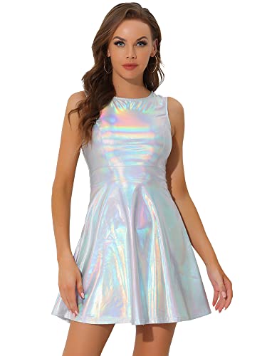 Allegra K Damen Minikleid Ärmellos Metallic Glitzer Rundhals A Linie Holografisch Party Kleid Silber L von Allegra K