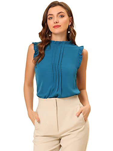 Allegra K Damen Plissee Oberteil Ärmellos Shirt Rundhals Elegante Rüschen Top Bluse Pfauenblau L von Allegra K