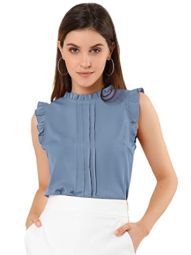 Allegra K Damen Plissee Oberteil Ärmellos Shirt Rundhals Elegante Rüschen Top Bluse Blau Grau M von Allegra K