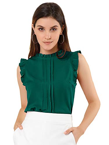 Allegra K Damen Plissee Oberteil Ärmellos Shirt Rundhals Elegante Rüschen Top Bluse Dunkelgrün L von Allegra K