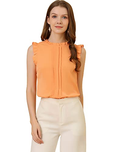 Allegra K Damen Plissee Oberteil Ärmellos Shirt Rundhals Elegante Rüschen Top Bluse Orange S von Allegra K