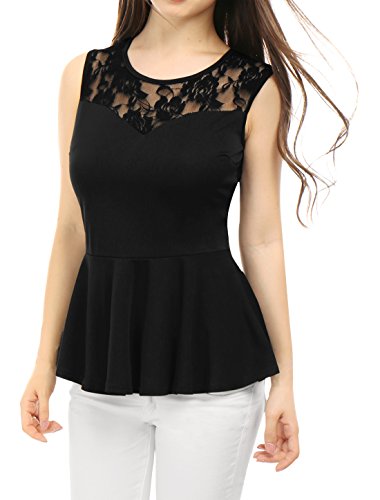 Allegra K Damen Oberteil Ärmellos Rundhals Panel Blumen Spitze Peplum Durchsichtig Top Bluse Schwarz L von Allegra K