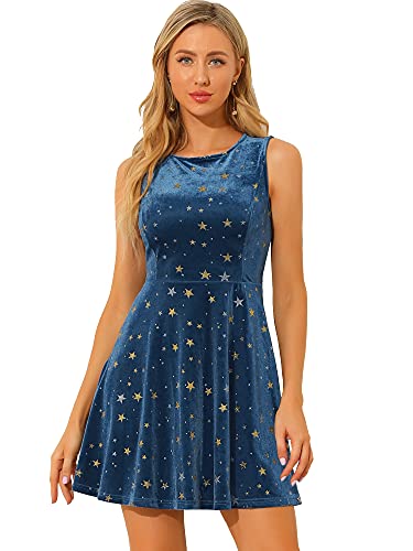 Allegra K Damen Ärmellos Rundhalsausschnitt Samt Sternenmuster Minikleid Samt Kleid Blau XL von Allegra K