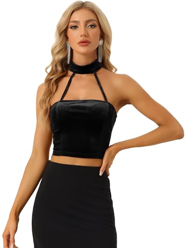 Allegra K Damen Velvet Top Ärmellos Neckholder Samt Tanktop Party Rückenfrei Oberteil Schwarz S von Allegra K