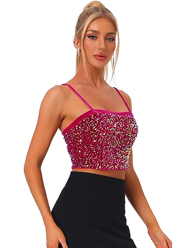 Allegra K Damen Pailletten Oberteil Ärmellos Tanktop Spaghettiträger Glitzer Cami Party Crop Top Rosa L von Allegra K