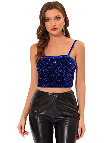 Allegra K Damen Pailletten Oberteil Ärmellos Tanktop Spaghettiträger Glitzer Cami Party Crop Top Navy blau L von Allegra K