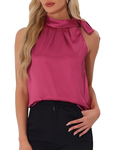 Allegra K Damen Ärmellos Satin Top Elegant Rüschen Stehkragen Bluse Schleife Oberteil Rosenrot L von Allegra K