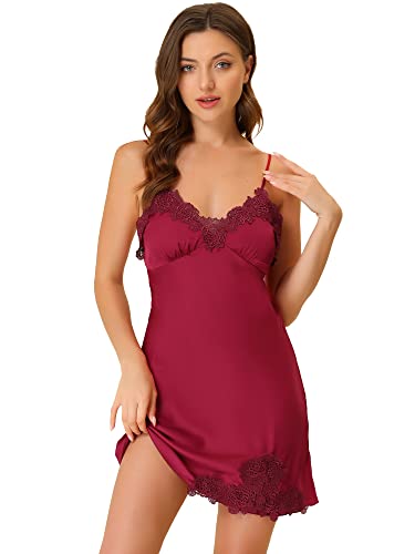 Allegra K Damen Ärmellos Satin V-Ausschnitt Spitze Cami Chemise Nachthemd Pyjama Minikleid Kleid Rot S von Allegra K