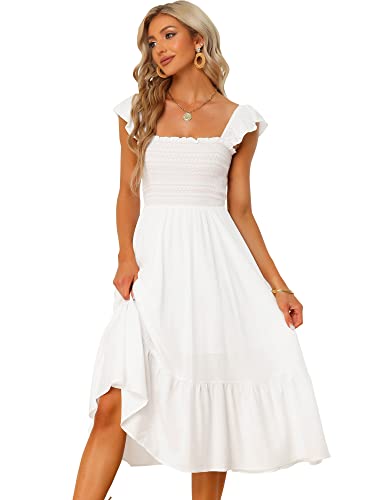 Allegra K Damen Sommerkleid Ärmellos Eckiger Ausschnitt Gesmokt Boho Rüschen Gestuft Midikleid Weiß L von Allegra K