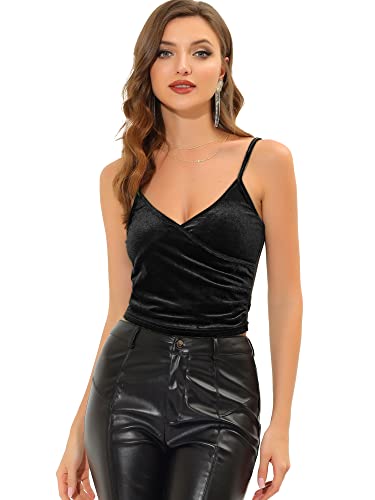 Allegra K Damen Spaghetti Tank Top Samt Velvet Ärmellos Tief V-Ausschnitt Party Bluse Schwarz S von Allegra K