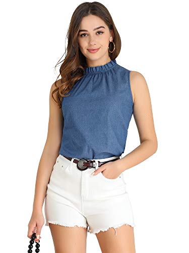 Allegra K Damen Bluse Ärmellos Stehkragen Rüschenbesatz Einfarbig Elegant Top Blau M von Allegra K