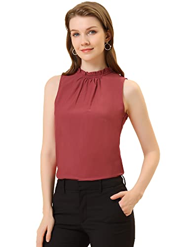 Allegra K Damen Bluse Ärmellos Stehkragen Rüschenbesatz Einfarbig Elegant Top Burgund S von Allegra K