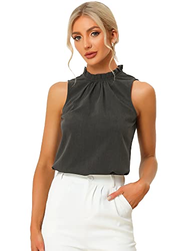 Allegra K Damen Bluse Ärmellos Stehkragen Rüschenbesatz Einfarbig Elegant Top Dunkel Grau M von Allegra K