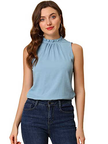 Allegra K Damen Bluse Ärmellos Stehkragen Rüschenbesatz Einfarbig Elegant Top Grau Blau L von Allegra K