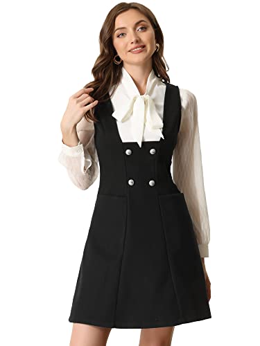 Allegra K Damen Ärmellos Trägerkleid A-Linie Zweireihiger Overall Hosenträger Minikleid Kleid Schwarz XS von Allegra K