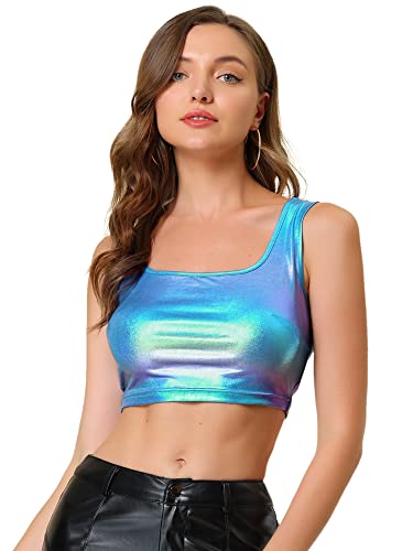 Allegra K Damen Crop Tops Metallic Top Party Oberteile Ärmellos U-Boot Neck Club Bauchfrei Bluse Blau Silber XL von Allegra K