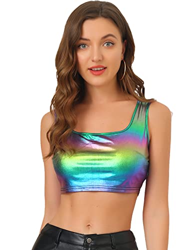 Allegra K Damen Metallic Crop Top Party Tanktop Ärmellos Glänzend Club Bauchfrei Oberteil Dunkelviolett M von Allegra K