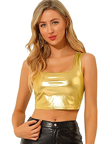 Allegra K Damen Crop Tops Metallic Top Party Oberteile Ärmellos U-Boot Neck Club Bauchfrei Bluse Gold M von Allegra K