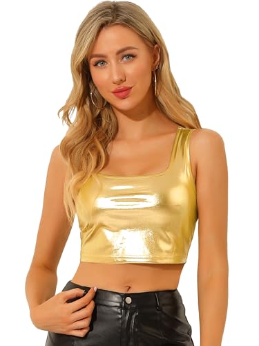 Allegra K Damen Metallic Crop Top Party Tanktop Ärmellos Glänzend Club Bauchfrei Oberteil Gold M von Allegra K