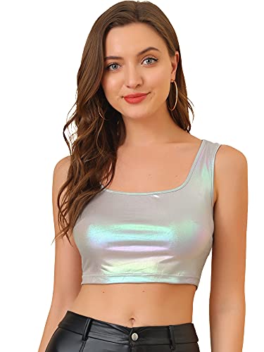 Allegra K Damen Metallic Crop Top Party Tanktop Ärmellos Glänzend Club Bauchfrei Oberteil Silber grau L von Allegra K