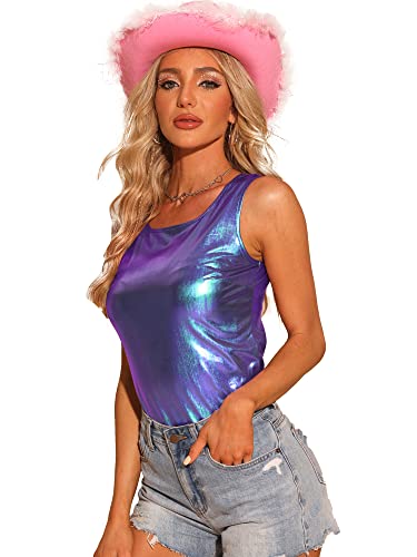 Allegra K Damen Glitzer Oberteile Metallic Top Ärmellos U Neck Party Tank Top Bluse Blau Violett M von Allegra K