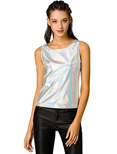 Allegra K Damen Glitzer Oberteile Metallic Top U Neck Party Tank Top Ärmellos Elegant Bluse Silber Rosa L von Allegra K