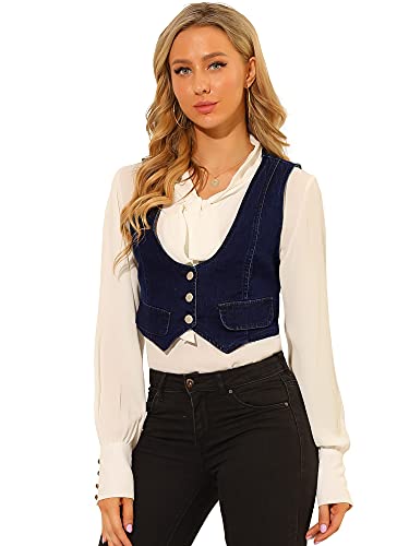 Allegra K Damen Kurz Weste Ärmellos U-Ausschnitt Knopfleiste Gewaschener Jeansweste Blau XS Allegra K Damen Kurz Weste Ärmellos U-Ausschnitt Knopfleiste Gewaschener Jeansweste Blau XS von Allegra K
