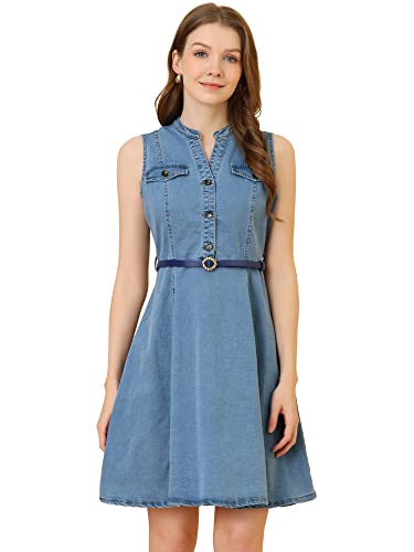 Allegra K Damen Jeanskleid Ärmellos Henley V-Ausschnitt Gürtel Denim Minikleid Kleid Blau L von Allegra K