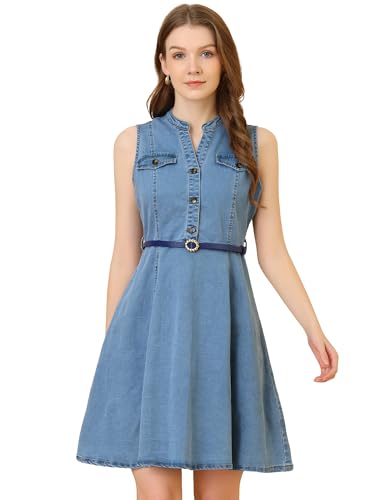 Allegra K Damen Jeanskleid Ärmellos Henley V-Ausschnitt Gürtel Denim Minikleid Kleid Blau S von Allegra K