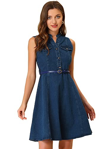 Allegra K Damen Jeanskleid Ärmellos Henley V-Ausschnitt Gürtel Denim Minikleid Kleid Dunkelblau S von Allegra K