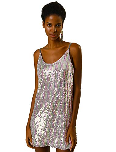 Allegra K Damen Paillettenkleid Ärmellos V-Ausschnitt Party Spaghetti Trägerkleid Glitzer Metallic Minikleid Silber (mit Rosa) M von Allegra K