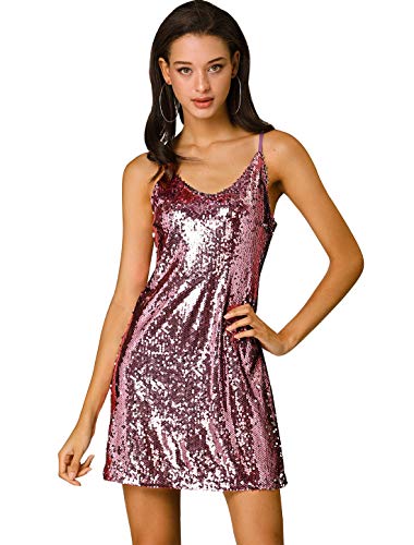 Allegra K Damen Paillettenkleid Ärmellos V-Ausschnitt Party Spaghetti Trägerkleid Glitzer Metallic Minikleid Hell-Pink L von Allegra K