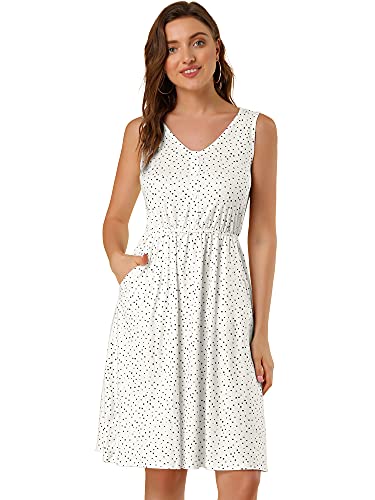 Allegra K Damen Ärmellos V Neck Bindegürtel Polka Dots Midikleid Kleid Weiß XS von Allegra K