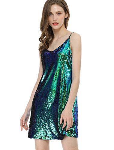 Allegra K Damen Paillettenkleid Ärmellos V-Ausschnitt Party Spaghetti Trägerkleid Glitzer Metallic Minikleid Grün XS von Allegra K