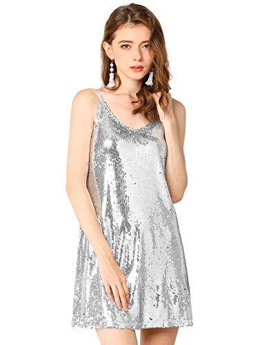 Allegra K Damen Paillettenkleid Ärmellos V-Ausschnitt Party Spaghetti Trägerkleid Glitzer Metallic Minikleid Silber L von Allegra K