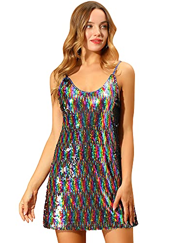 Allegra K Damen Paillettenkleid Ärmellos V-Ausschnitt Party Spaghetti Trägerkleid Glitzer Metallic Minikleid Regenbogen L von Allegra K