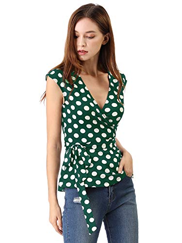 Allegra K Damen Top Ärmellos Tiefer V-Ausschnitt Wickel Polka Dots Elegant Oberteil Bluse Grün M von Allegra K