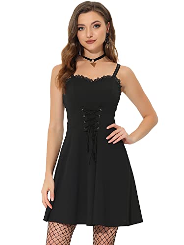 Allegra K Damen Halloween Kostüm Ärmellos Verstellbare Träger Schnürung Steampunk Goth Cami Minikleid Kleid Schwarz XS von Allegra K