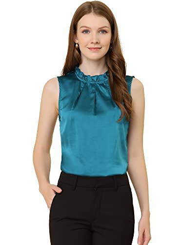 Allegra K Damen Ärmellose Satin Rüschenausschnitt Plissee Sommeroberteile Top Dunkelgrün XL von Allegra K