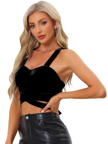 Allegra K Damen Ärmellose Spaghetti Strap Samt Party Tiefer V Cami Crop Tanktop Schwarz M von Allegra K