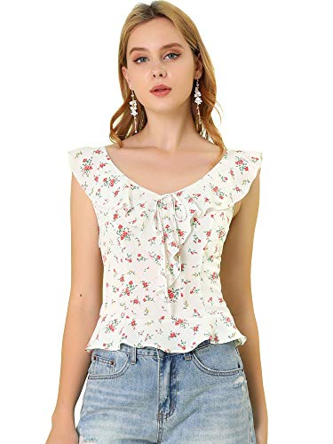 Allegra K Damen Ärmellose V Neck Fliege Rüschen Blumen Top Shirt Weiß M von Allegra K