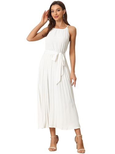 Allegra K Damen Ärmelloses A-Linien-Cocktail-Plisseekleid mit Neckholder und Gürtel Weiß XL von Allegra K
