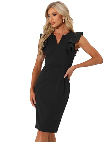 Allegra K Damen Ärmelloses Etuikleid Rüschen V-Ausschnitt Split Büro Bleistiftkleider Schwarz XL von Allegra K