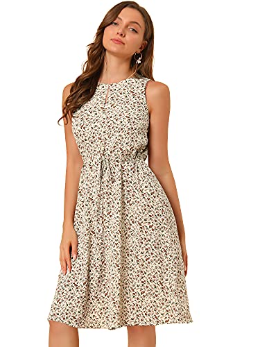 Allegra K Damen Ärmellos Rundhals Cut Out Bindegürtel Blumen Midikleid Sommer Kleid Beige M von Allegra K