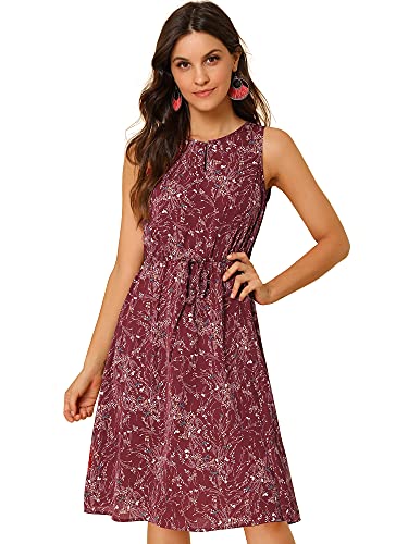 Allegra K Damen Ärmellos Rundhals Cut Out Bindegürtel Blumen Midikleid Sommer Kleid Burgund M von Allegra K