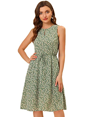 Allegra K Damen Ärmellos Rundhals Cut Out Bindegürtel Blumen Midikleid Sommer Kleid Dunkelgrün S von Allegra K