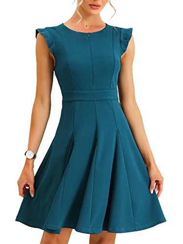 Allegra K Damen Abendkleid Flügelärmel Reißverschluss Vorne Rüschen A-Linien Cocktailkleid Kleid Pfauenblau L von Allegra K