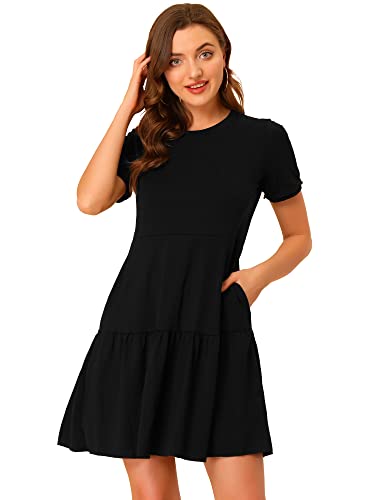 Allegra K Damen Kleid Elegant Rundhals Minikleid Kurzarm Rüschen Sommerkleid Schwarz XS von Allegra K