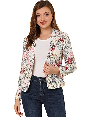 Allegra K Damen Anzug Blazer, Wildleder Blazer, Notch Revers Open-Front Allover Printed Blazer Blazer Jacken für Frauen, Beige-Floral, 34 von Allegra K