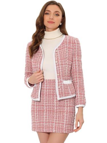 Allegra K Damen Anzug Set Zweiteilige Outfits Kariert Tweed Kurzblazer Jacke und Rock Set Rosa L von Allegra K